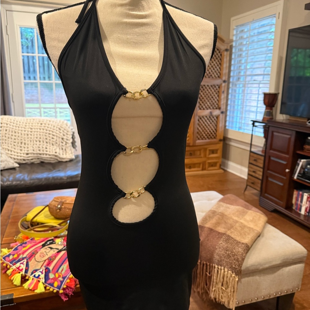 Chic Black and Gold Backless Dress